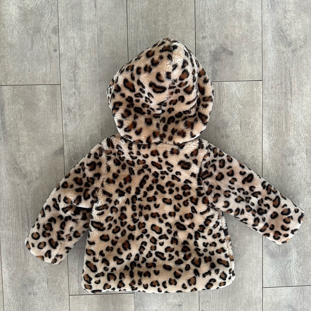New Little Me Leopard Print Faux Fur Jacket Hoodie Coat Warm Baby Girl Size 18 M - Picture 11 of 16